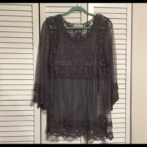 NWOT- Beautiful sheer gray Boho style top